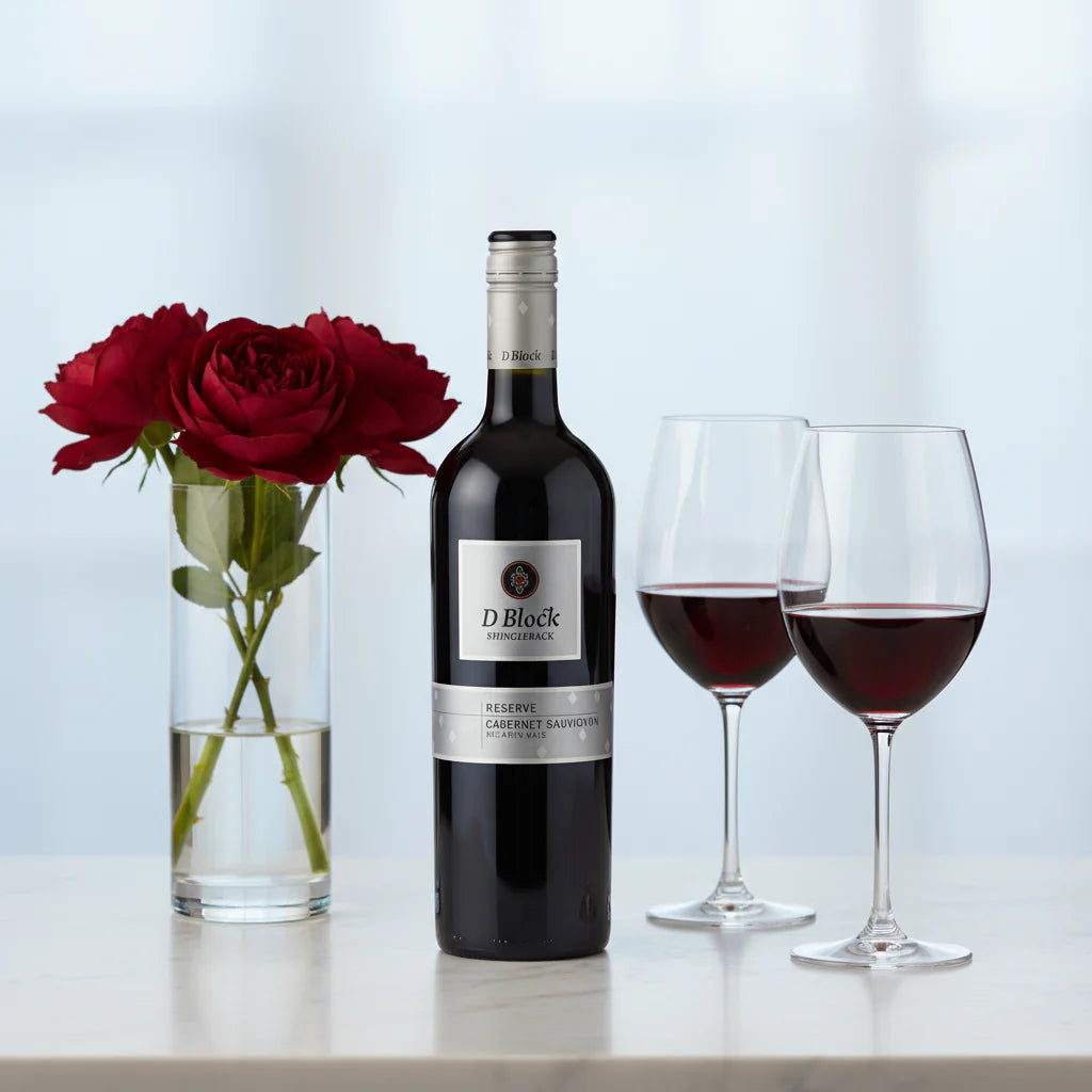 Load image into Gallery viewer, Bottle of D'Block wine with two glasses and red roses on a light background