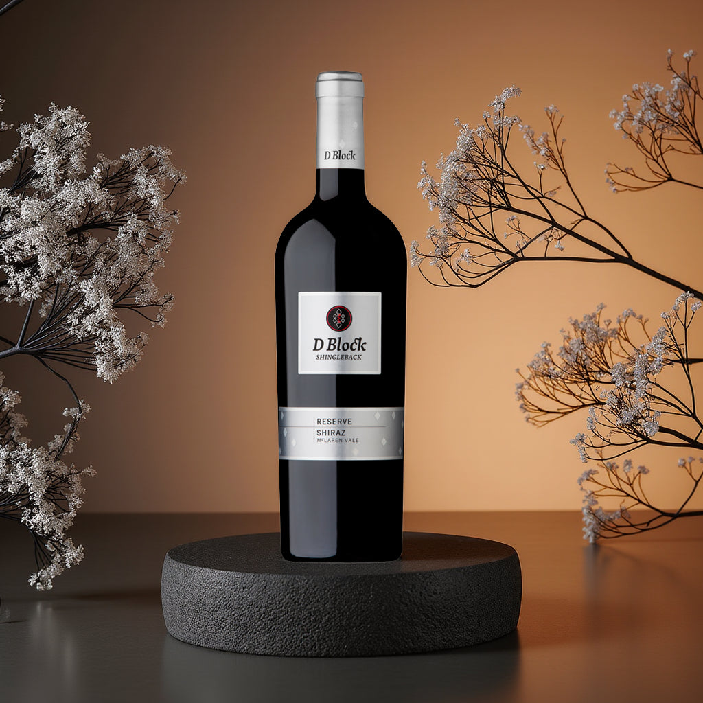 D'Block Reserve Shiraz wine bottle on a dark surface with decorative branches.