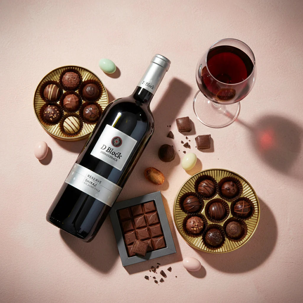 Load image into Gallery viewer, Bottle of D'Block wine with a glass, chocolate truffles, and a box of chocolates on a pink background