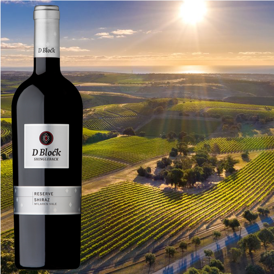 Load image into Gallery viewer, Shingleback_D_Block_Reserve_Shiraz wine bottle with a scenic vineyard background