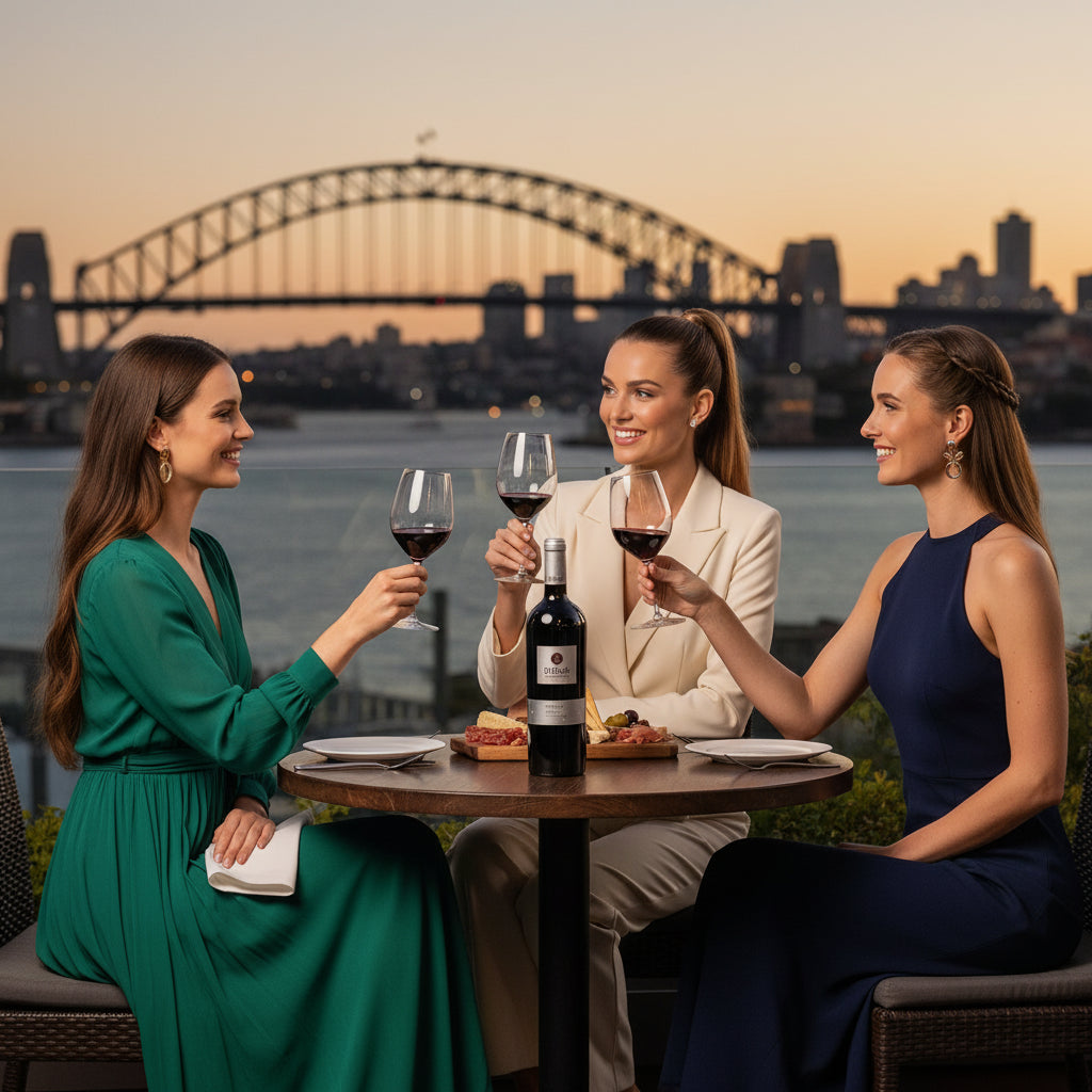 Load image into Gallery viewer, Three women enjoying a meal with Shingleback_D_Block_Reserve_Shiraz wine glasses in front of the Sydney Harbour Bridge.