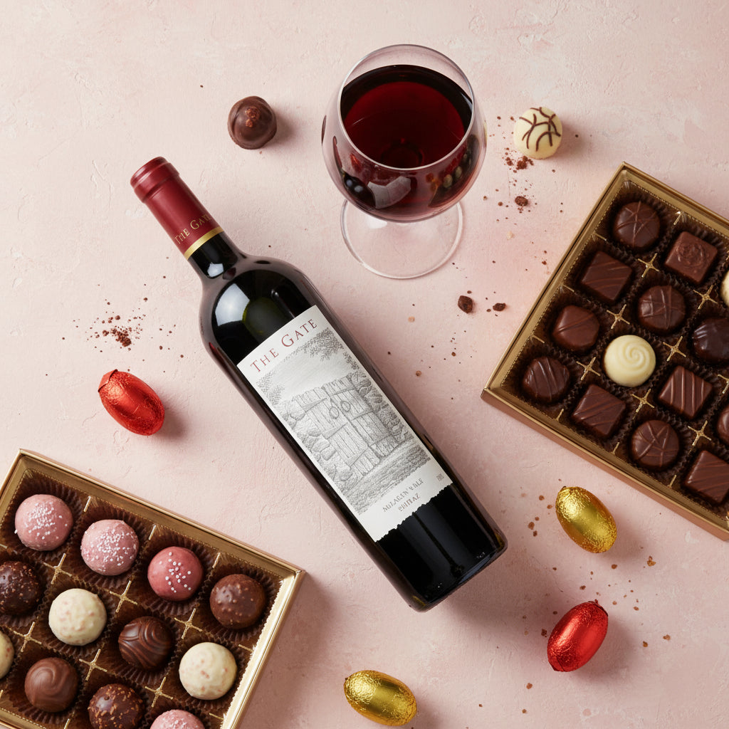 Bottle of Shingleback_The_Gate_Shiraz wine with a glass, surrounded by chocolates on a pink background