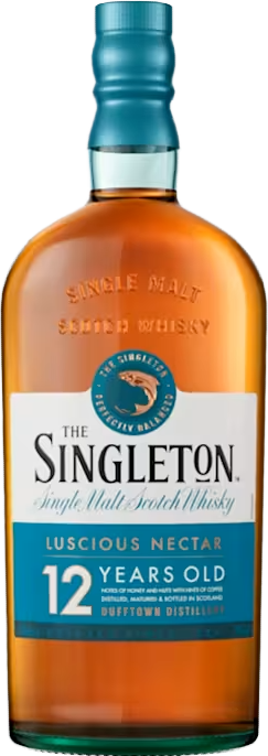Bottle of The Singleton 12-year-old whisky with a blue label.