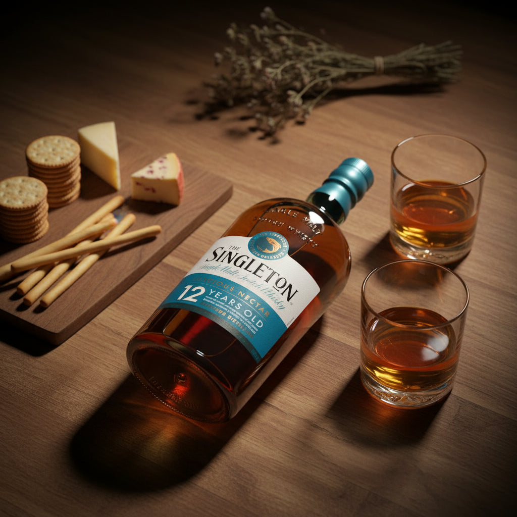 Load image into Gallery viewer, Singleton Dufftown 12 Year Old Single Malt Scotch Whisky bottle with two glasses on a wooden table with cheese and crackers.