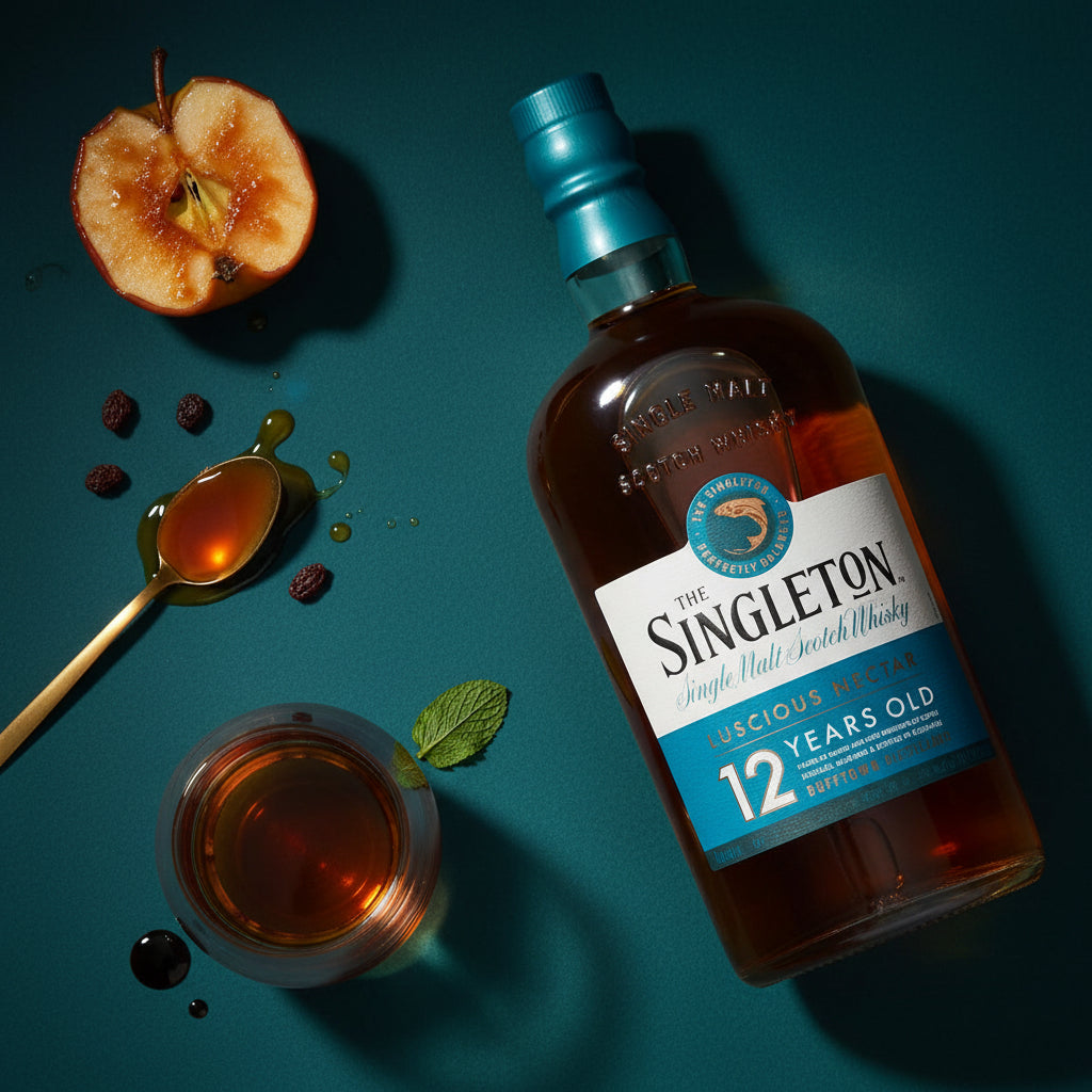 Load image into Gallery viewer, Singleton of Dufftown 12 Year Old Single Malt Scotch Whisky bottle with a glass of whisky and an apple on a teal background
