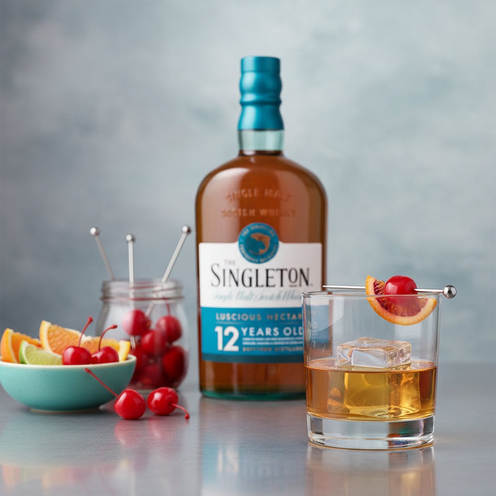 Load image into Gallery viewer, Singleton of Dufftown 12 Year Old Single Malt Scotch Whisky bottle with a glass of whiskey and garnish on a grey background