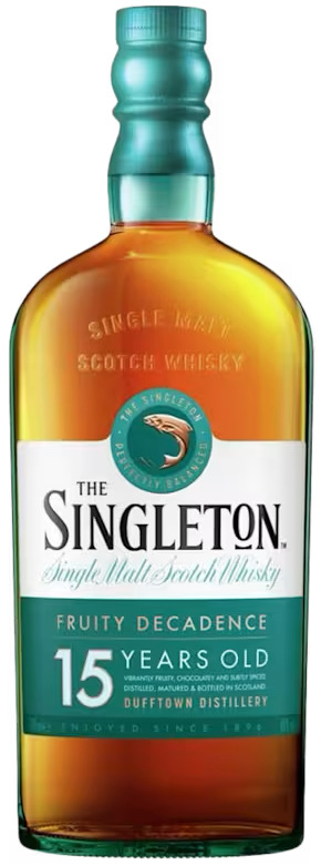 A Singleton of Dufftown 15 Year Old Single Malt Scotch Whisky bottle with a green label on a white background