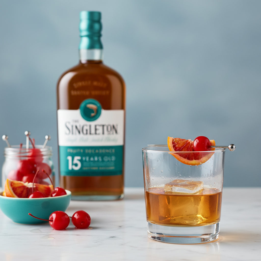 Load image into Gallery viewer, A Singleton of Dufftown 15 Year Old Single Malt Scotch Whisky bottle with a glass of whiskey garnished with cherries and an orange slice on a light surface.