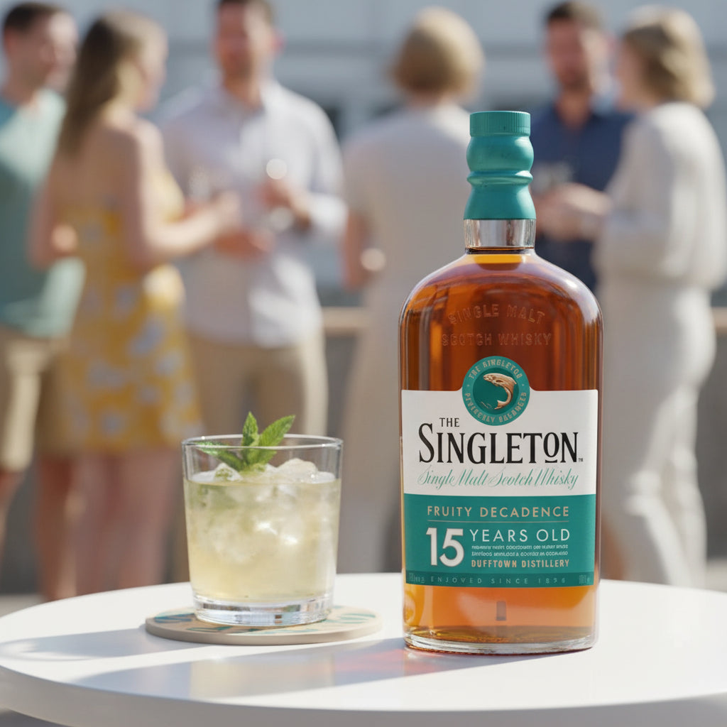Load image into Gallery viewer, A Singleton of Dufftown 15 Year Old Single Malt Scotch Whisky bottle with a cocktail on a table outdoors with people in the background
