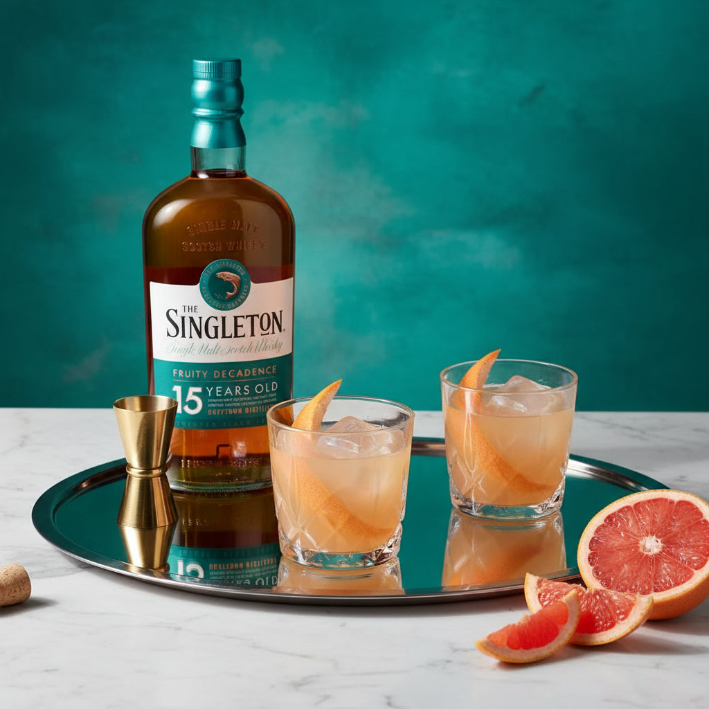 Load image into Gallery viewer, A Singleton of Dufftown 15 Year Old Single Malt Scotch Whisky bottle with two cocktails and grapefruit on a tray against a teal background