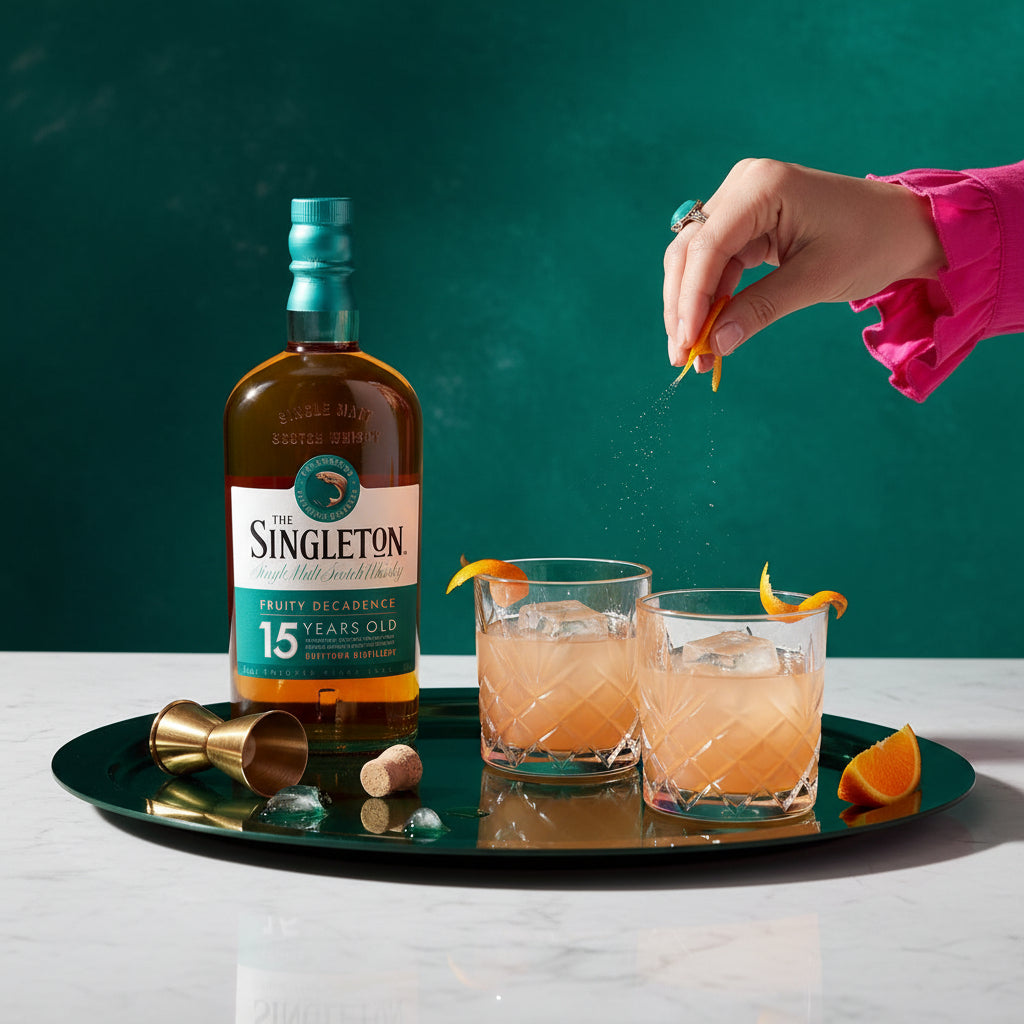 Load image into Gallery viewer, A Singleton of Dufftown 15 Year Old Single Malt Scotch whisky bottle with two cocktails on a tray against a teal background