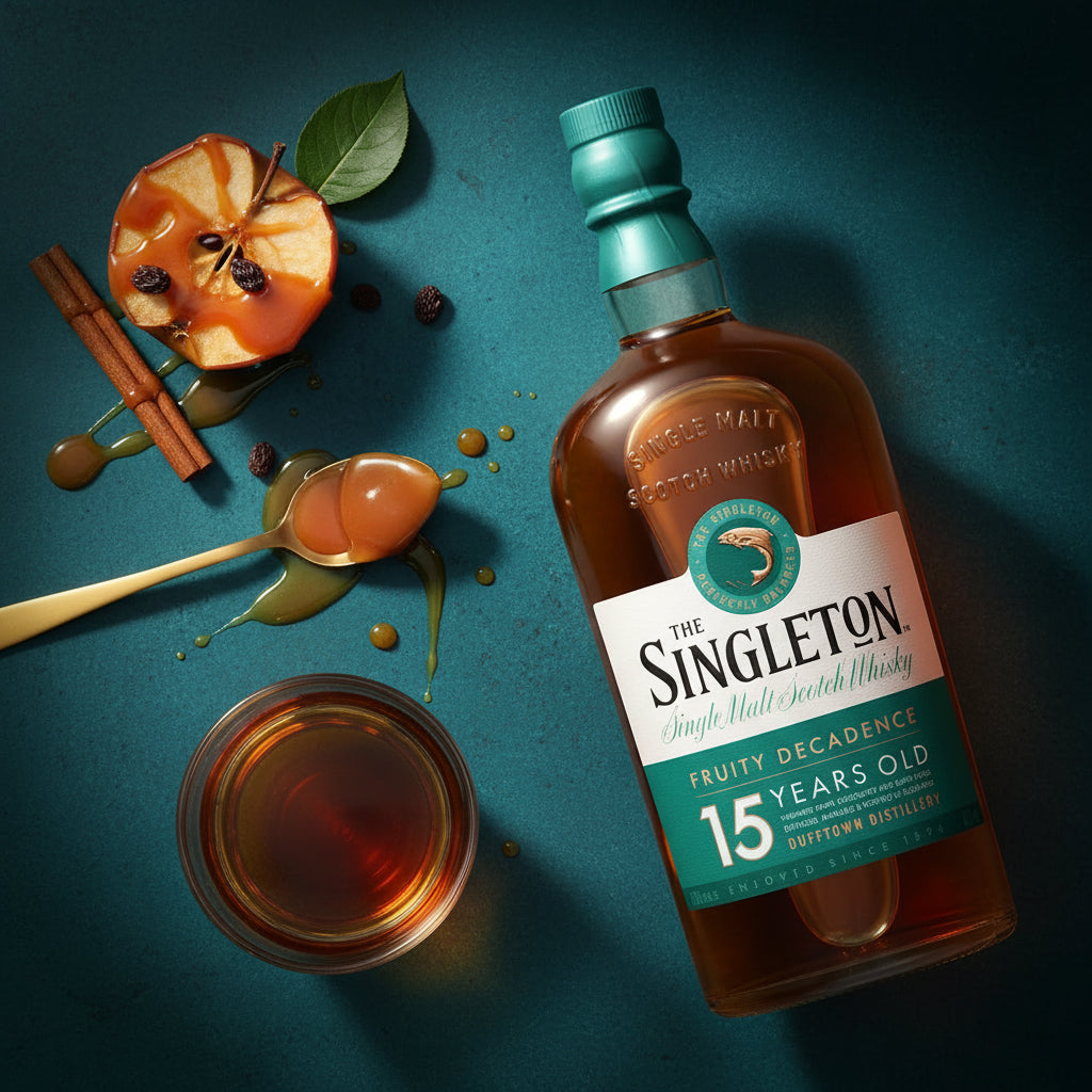 Load image into Gallery viewer, A Singleton of Dufftown 15 Year Old Single Malt Scotch Whisky bottle with fruit and whisky glass on a blue background