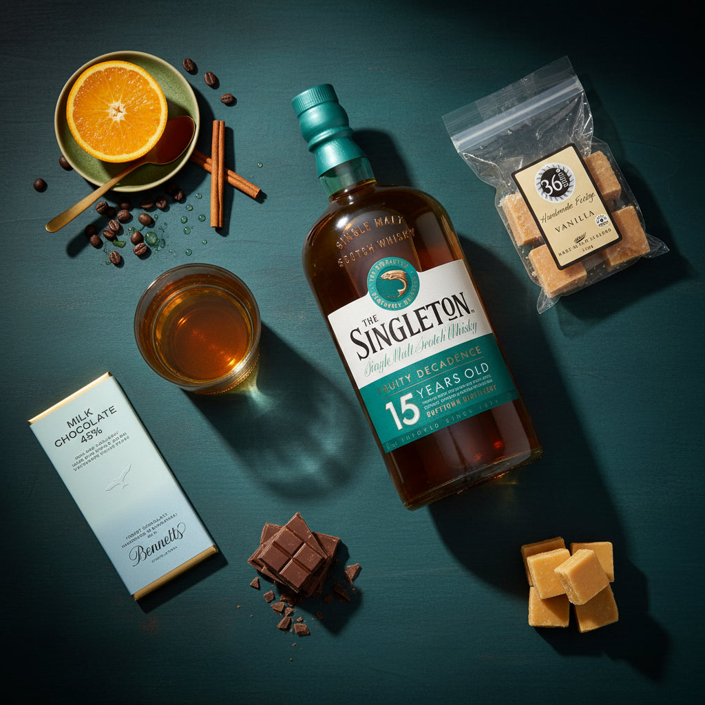 Load image into Gallery viewer, A bottle of The Singleton 15 Years Old whisky is arranged on a dark teal surface with styled food and drink props, including an orange slice, cinnamon sticks, a glass of whisky, a Bennetts milk chocolate bar, chocolate pieces, and vanilla fudge pieces. A package of 36 Degrees Vanilla fudge next to the bottle.