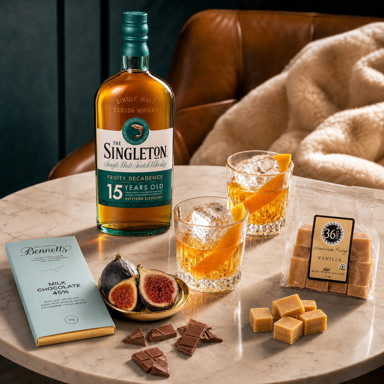 Load image into Gallery viewer, A bottle of The Singleton 15 Years Old single malt Scotch whisky stands on a marble tray beside two glasses of amber liquor with orange slices, a pack of 36 Degrees vanilla fudge, Bennett milk chocolate bars, figs, and chocolate pieces, with a brown leather armchair and cream throw in the background.