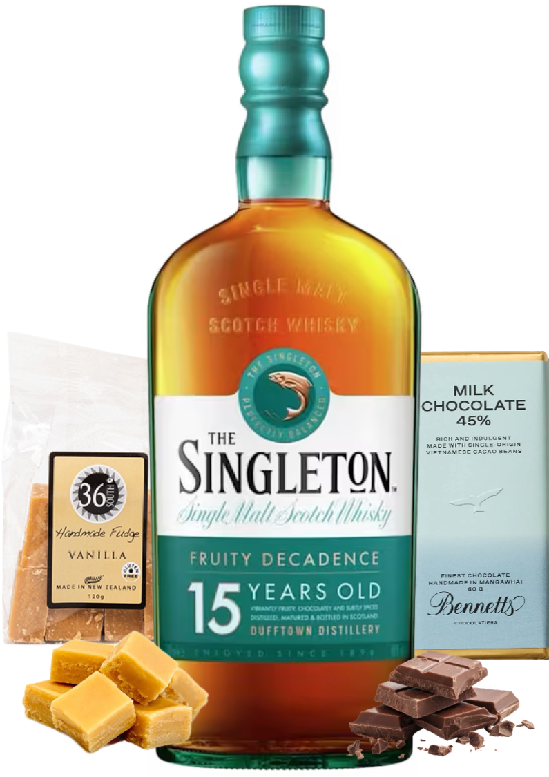 Load image into Gallery viewer, A bottle of The Singleton 15 Years Old single malt Scotch whisky centered on a white background, surrounded by product ingredients: vanilla fudge pieces, a bag of 36 Degrees Handmade Fudge Vanilla, and a chocolate bar with Bennett's Milk Chocolate branding.