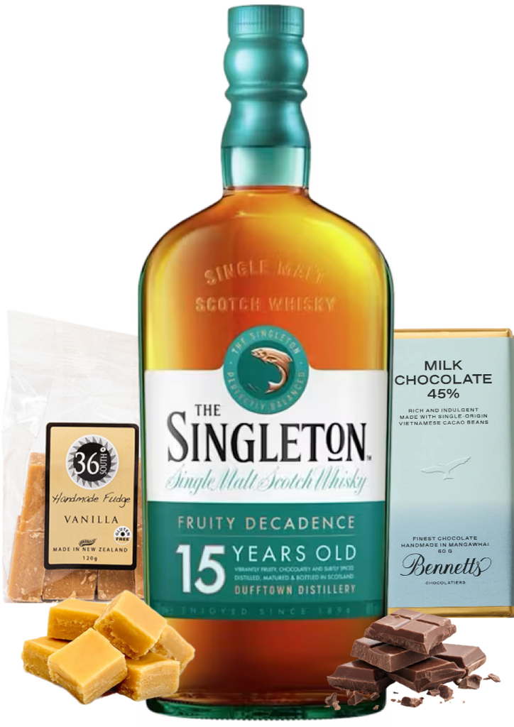 A bottle of The Singleton 15 Years Old single malt Scotch whisky centered on a white background, surrounded by product ingredients: vanilla fudge pieces, a bag of 36 Degrees Handmade Fudge Vanilla, and a chocolate bar with Bennett's Milk Chocolate branding.