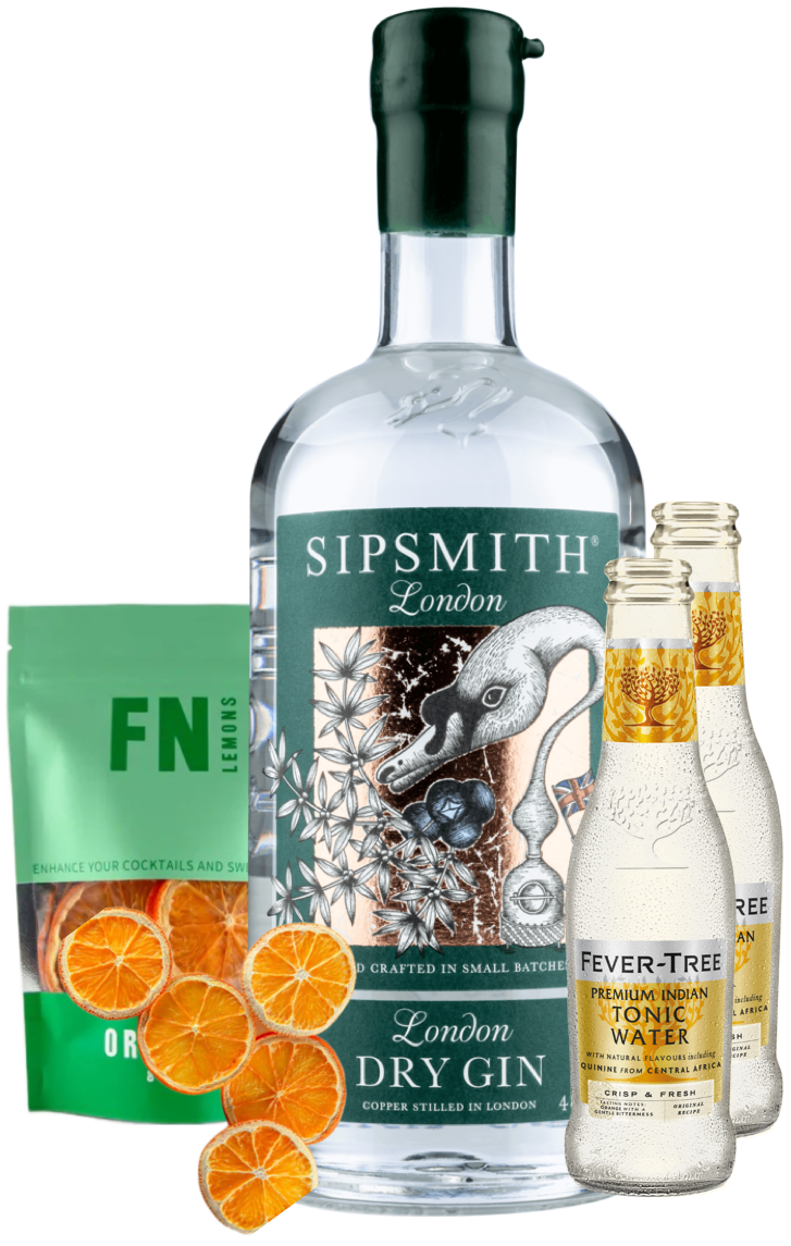 An image of the Sipsmith London Dry Gin Gift Box, including the mouth-watering Sipsmith London Dry Gin, two 200ml bottle of Fever-Tree Indian tonic waters and a pouch of dehydrated orange garnishes