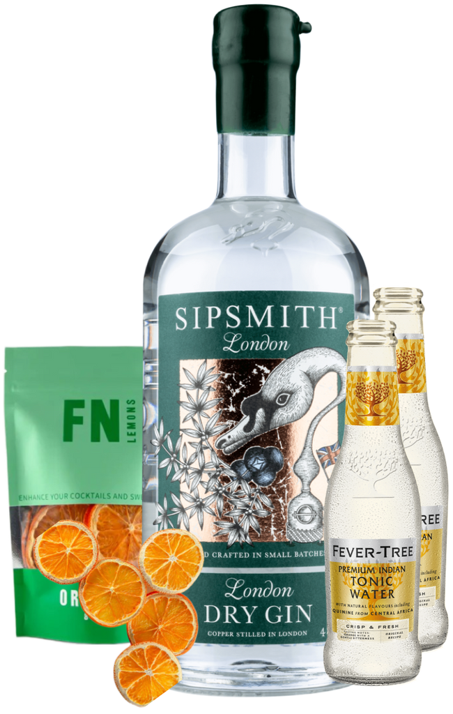 An image of the Sipsmith London Dry Gin Gift Box, including the mouth-watering Sipsmith London Dry Gin, two 200ml bottle of Fever-Tree Indian tonic waters and a pouch of dehydrated orange garnishes