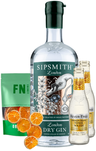An image of the Sipsmith London Dry Gin Gift Box, including the mouth-watering Sipsmith London Dry Gin, two 200ml bottle of Fever-Tree Indian tonic waters and a pouch of dehydrated orange garnishes