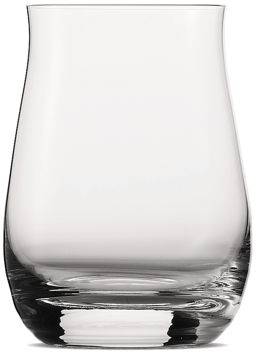 A clear, curved glass tumbler with a solid pattern, designed for whiskey or bourbon.
