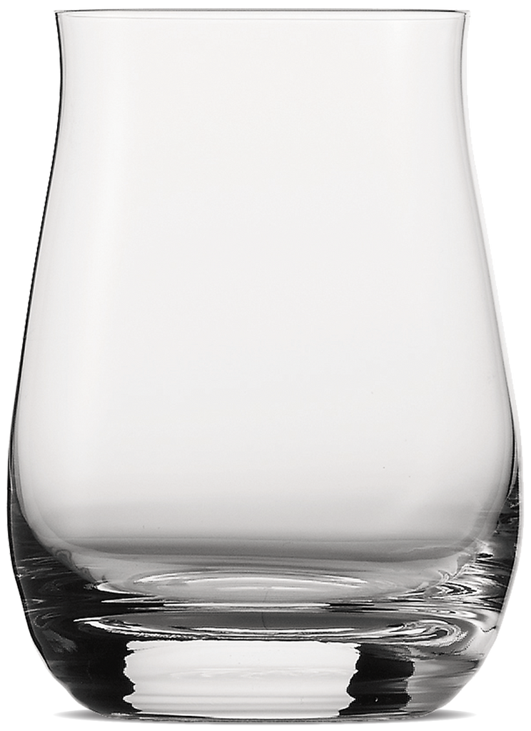 A clear, curved glass tumbler with a solid pattern, designed for whiskey or bourbon.