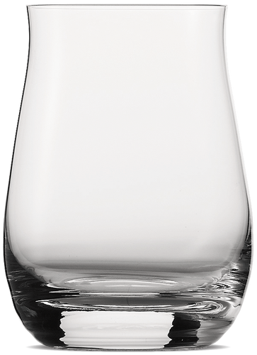 A clear, curved glass tumbler with a solid pattern, designed for whiskey or bourbon.
