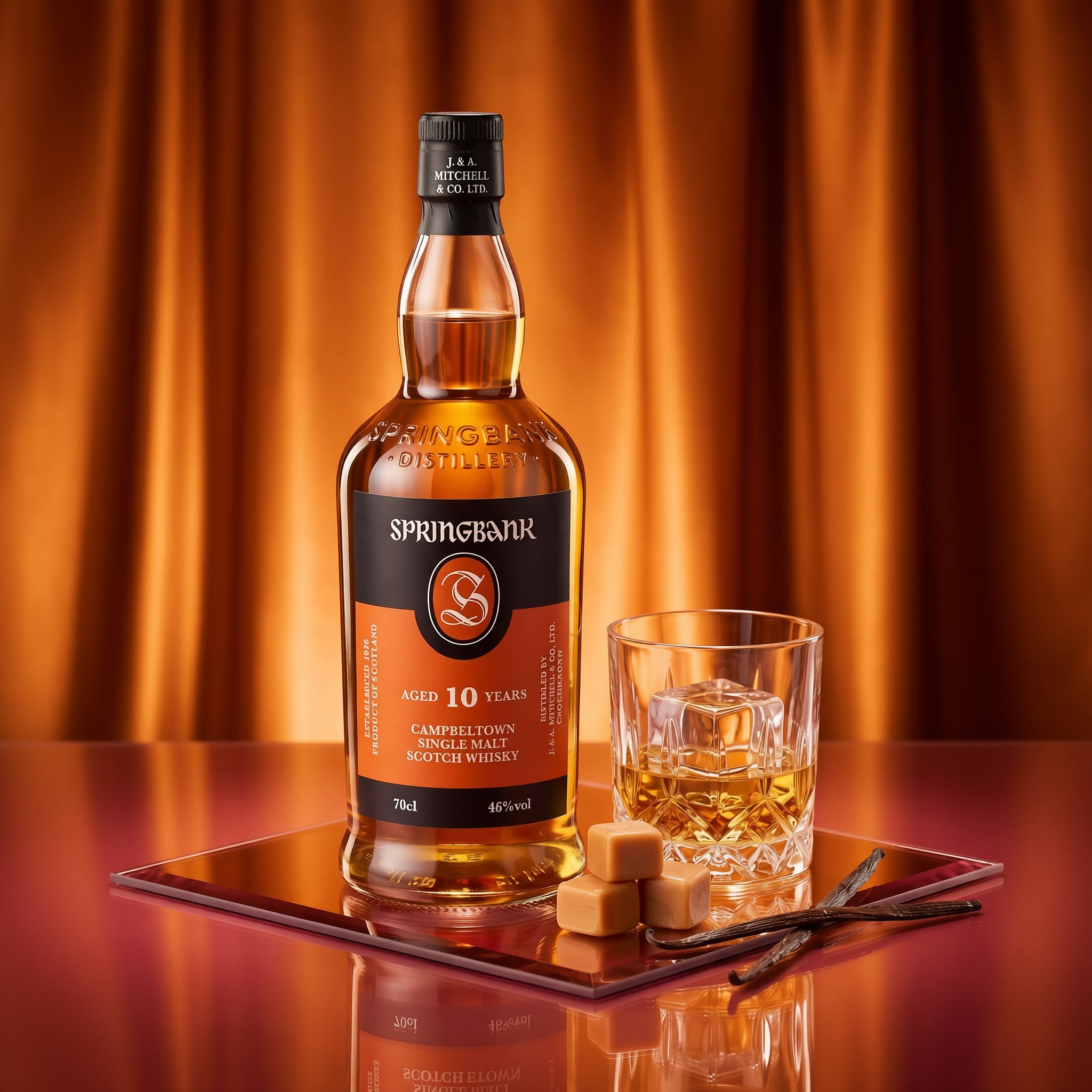 Load image into Gallery viewer, A bottle of Springbank 10 Years Old single malt Scotch whisky stands on a reflective tray beside a glass of whisky with ice, two cubans, and a vanilla bean against a warm orange draped backdrop.