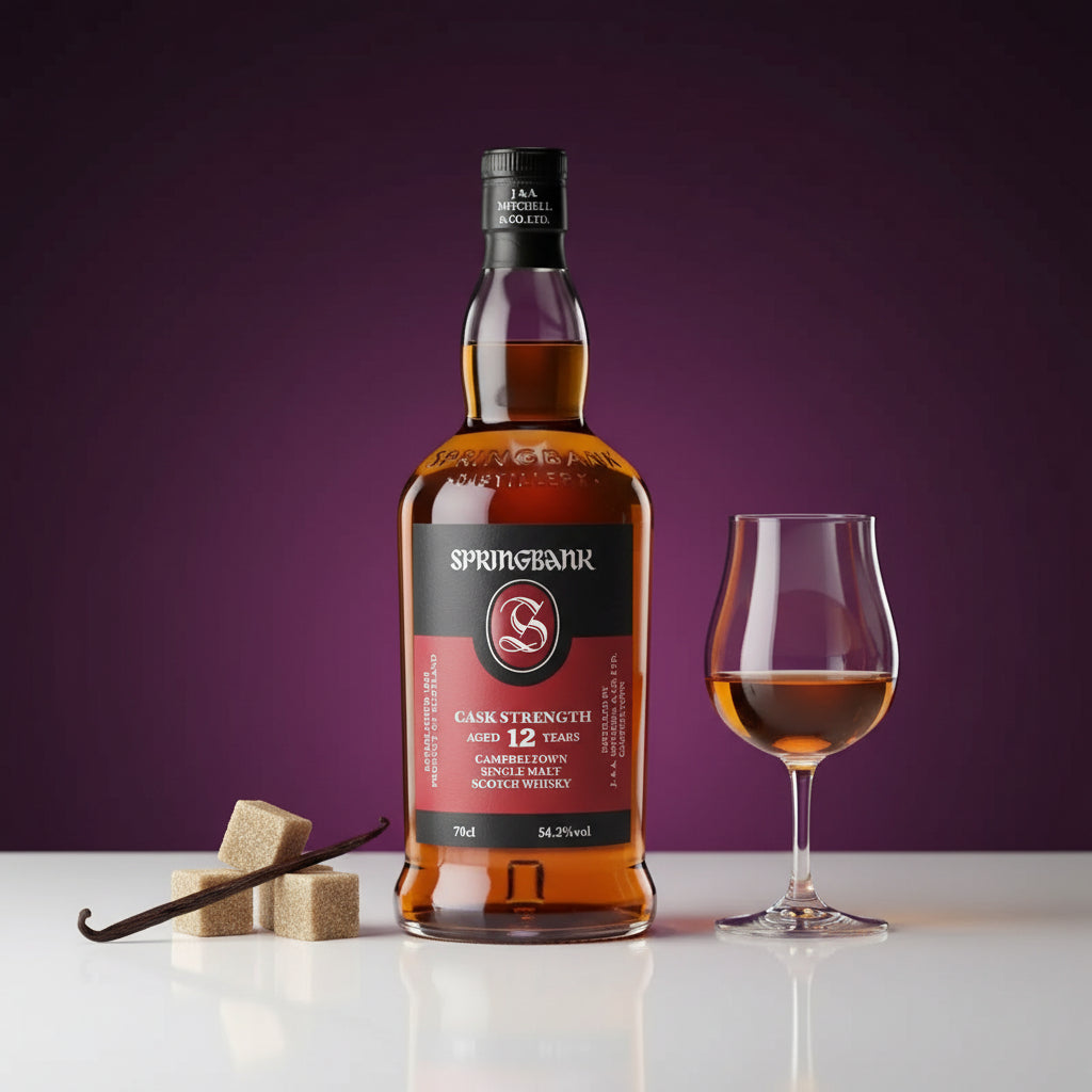 Load image into Gallery viewer, A bottle of Springbank 12 Years Old Cask Strength Single Malt Scotch whisky stands on a white surface against a dark purple gradient background, with a filled whisky glass and two fudge cubes beside it.