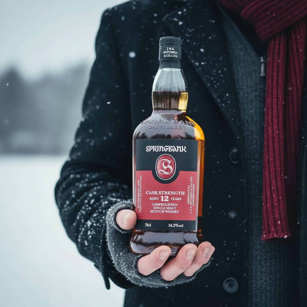 Load image into Gallery viewer, A person in a dark coat and red scarf holds up a bottle of Springbank 12 Years Old Cask Strength Single Malt Scotch whisky in a snowy outdoor setting.