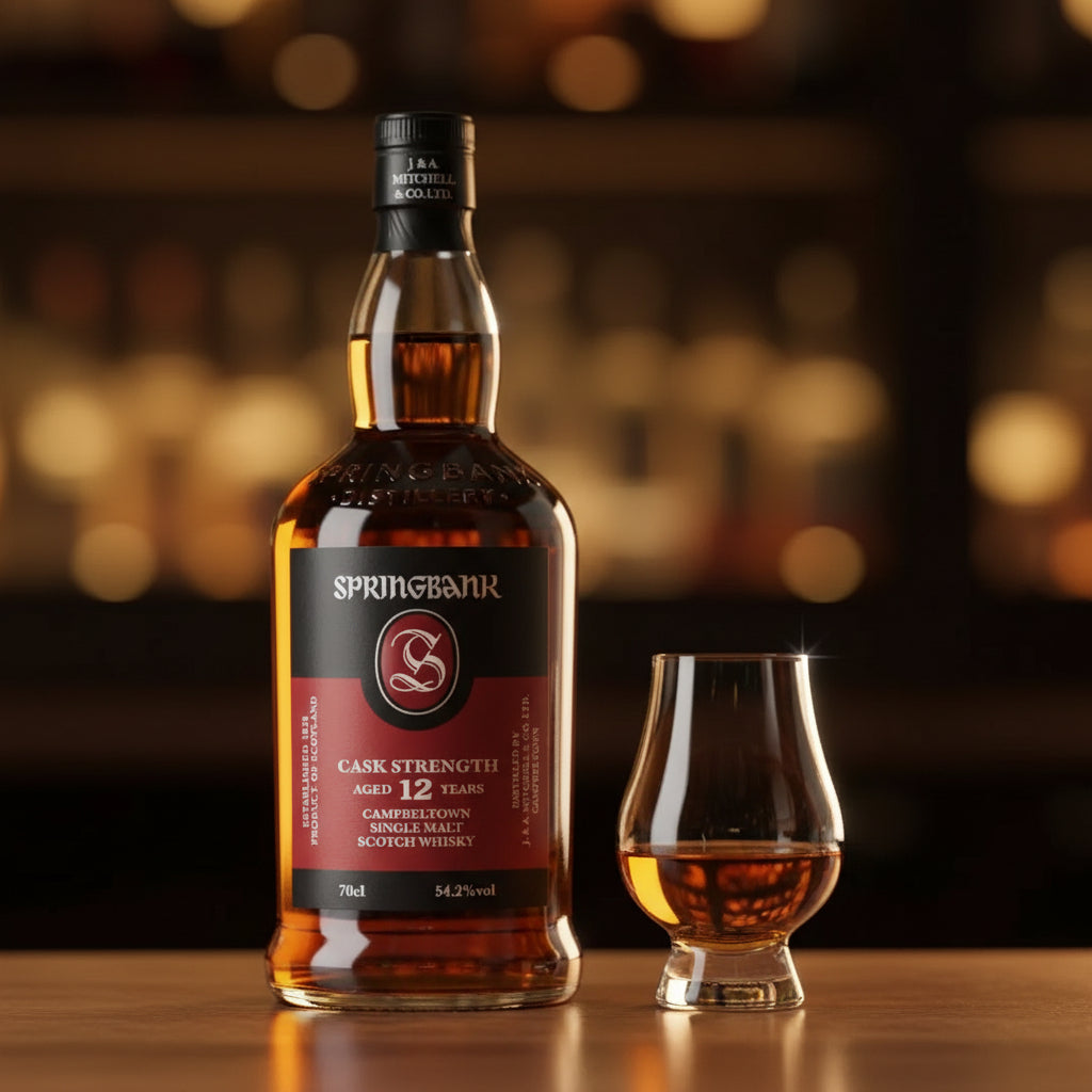 Load image into Gallery viewer, A bottle of Springbank Cask Strength 12 Years single malt Scotch whisky stands on a wooden surface next to a small whisky glass, with a softly blurred bar background filled with warm lights.