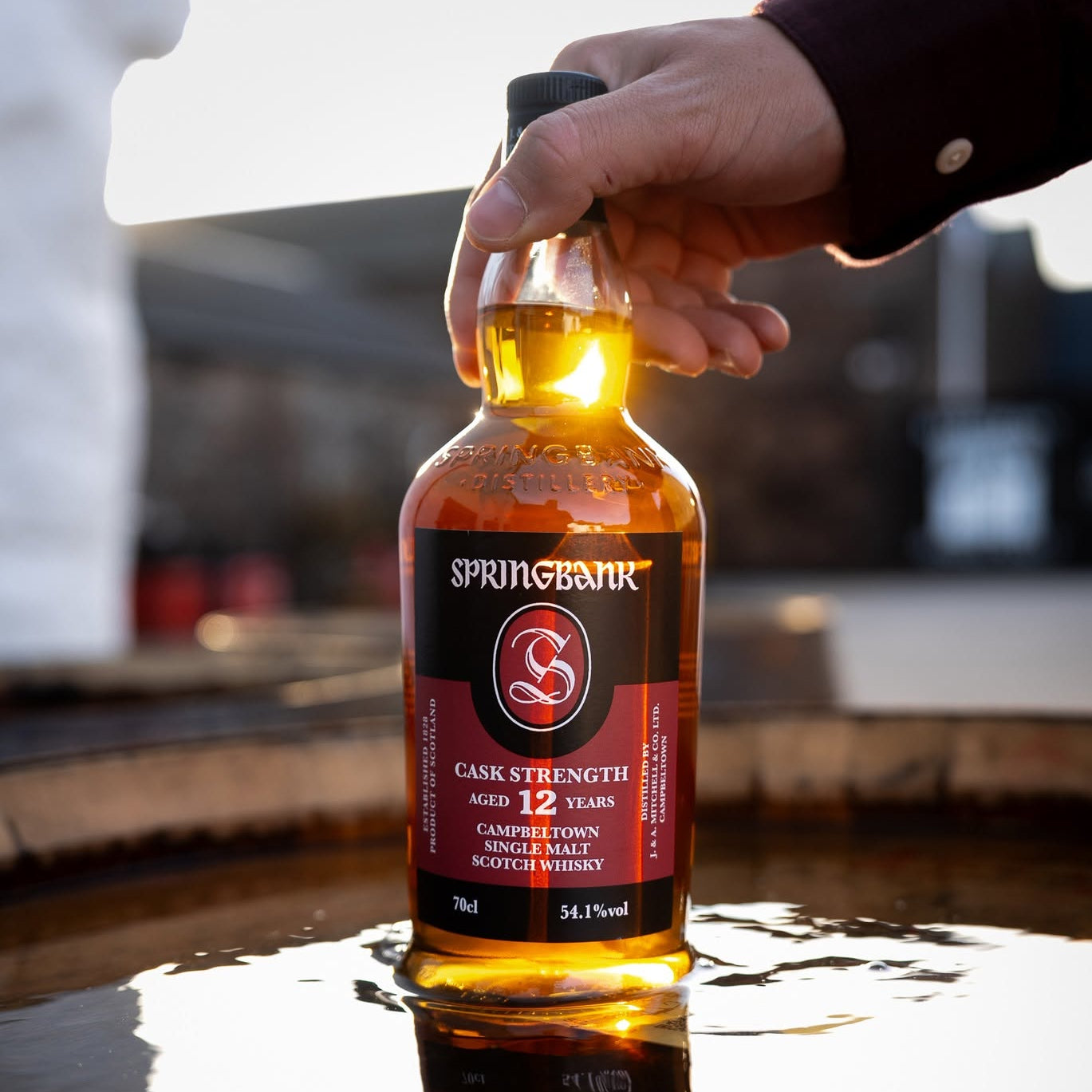 Load image into Gallery viewer, A hand holds a bottle of Springbank Cask Strength Highland Single Malt Scotch whisky against a warm, backlit outdoor background. The amber liquid and black cap are visible, with the brand name clearly printed on the label.
