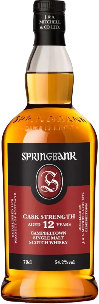 A bottle of Springbank Cask Strength 12 Years Old single malt Scotch whisky, showing the amber liquid through the clear glass bottle against a white background.