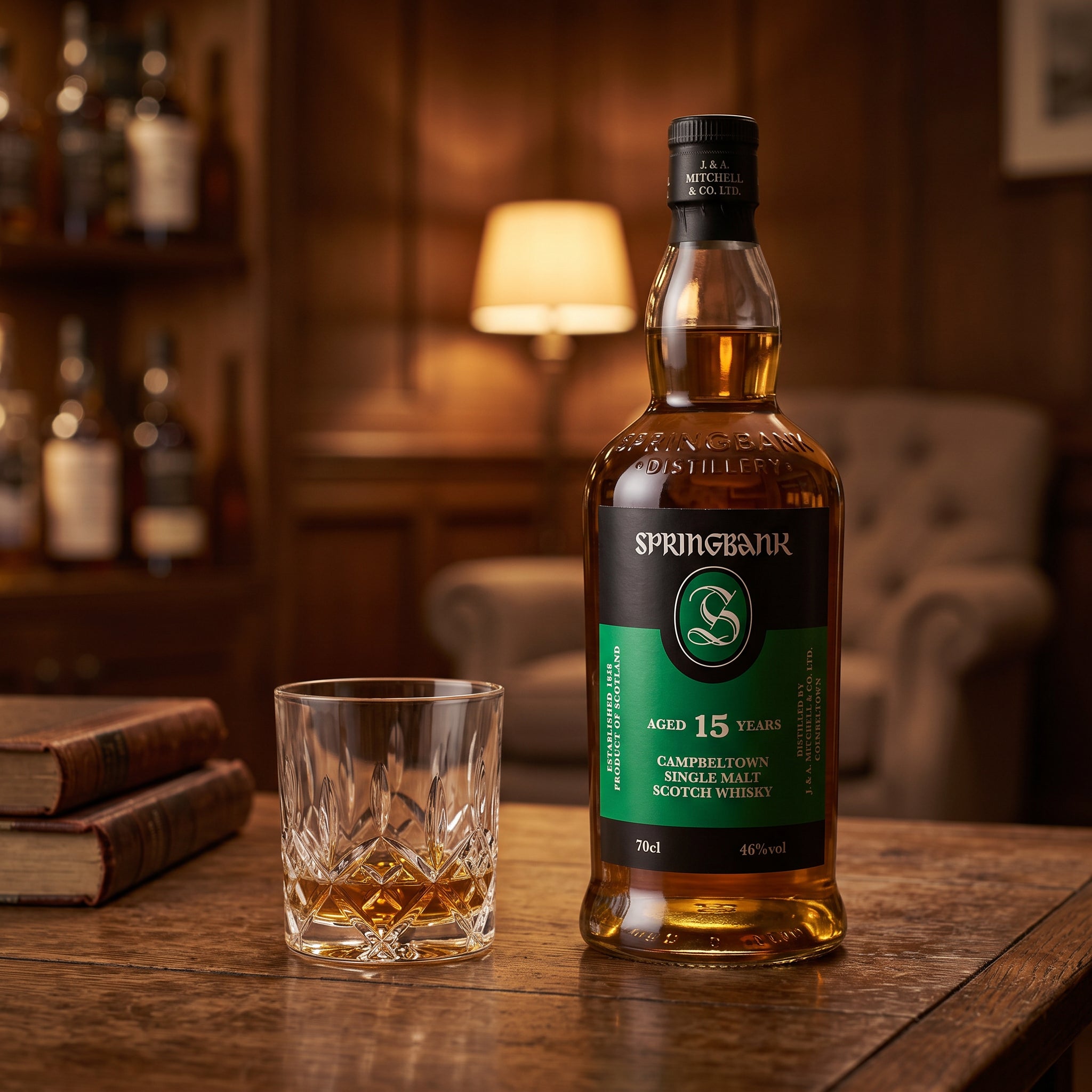 Load image into Gallery viewer, A bottle of Springbank 15 Years Scotch Whisky stands on a wooden table beside a cut crystal whisky glass, with a warm, dimly lit room and shelves of bottles in the background.