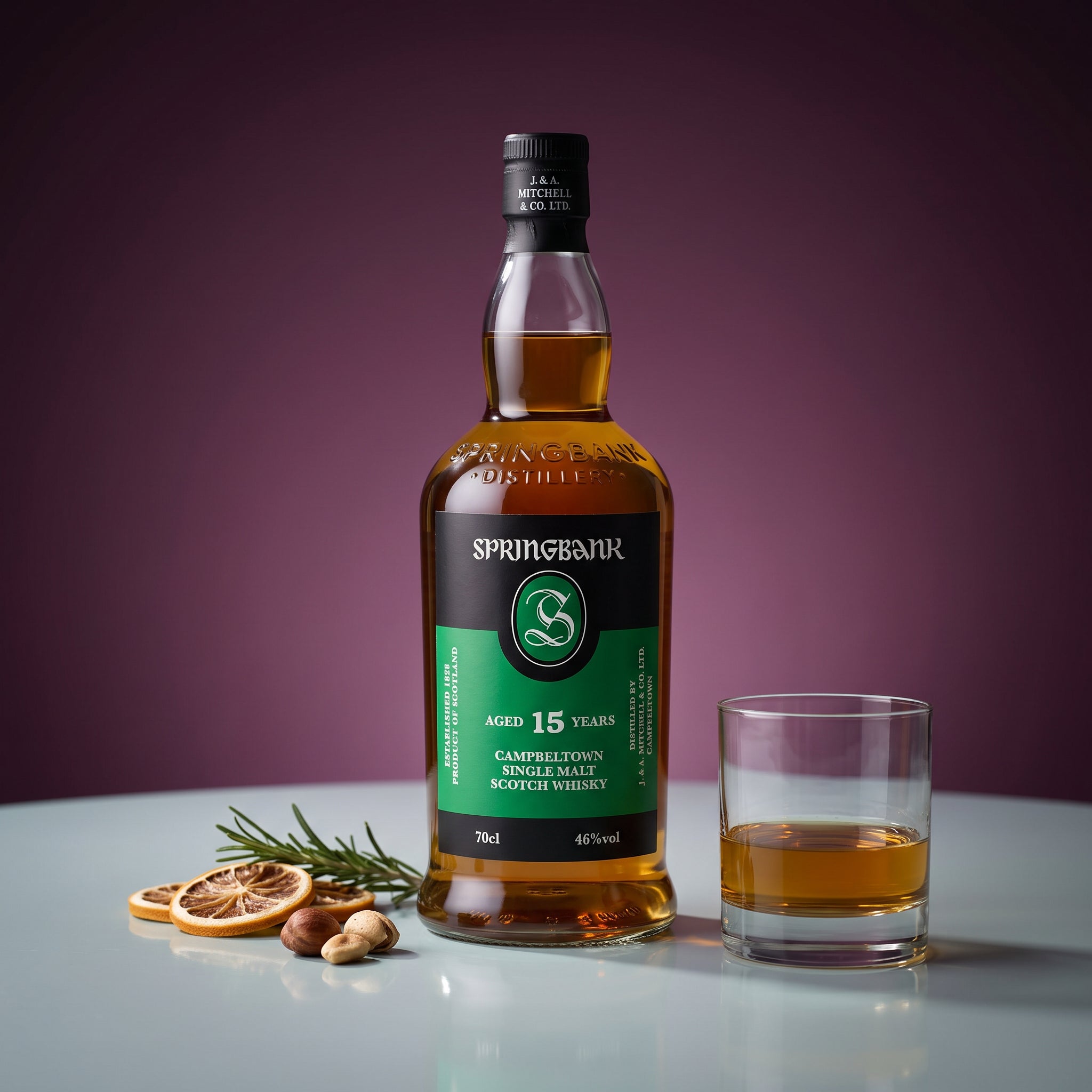 Load image into Gallery viewer, A bottle of Springbank 15 Years Old Scotch Whisky stands on a reflective light surface next to a filled rocks glass, with dried orange slices, a sprig of rosemary, and hazelnuts against a dark purple gradient background.