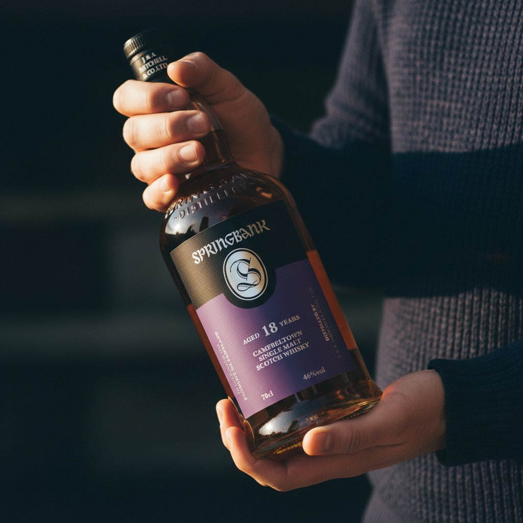 Load image into Gallery viewer, A person holding a bottle of Springbank 18 Years Old Single Malt Scotch Whisky against a dark, moody background.