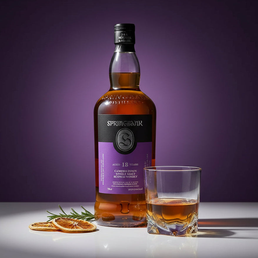 Load image into Gallery viewer, A bottle of Springbank 18 Year Old single malt scotch whisky stands on a white surface against a dark purple gradient background, next to a clear rocks glass filled with the amber liquid and dried orange slices with a sprig of rosemary.