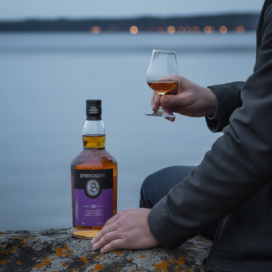 Load image into Gallery viewer, A bottle of Springbank 18 Year Old single malt whisky sits on a stone ledge next to a person holding a glass of the amber liquid, with a calm lake and distant lights in the background.