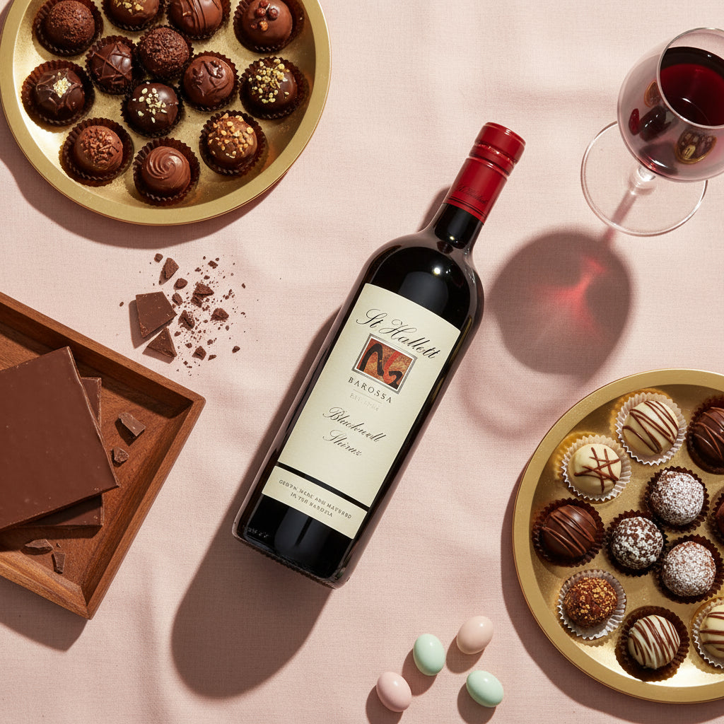 Bottle of St-Hallett-Blackwell-Shiraz wine with a label, surrounded by chocolates and a glass of red wine on a pink surface