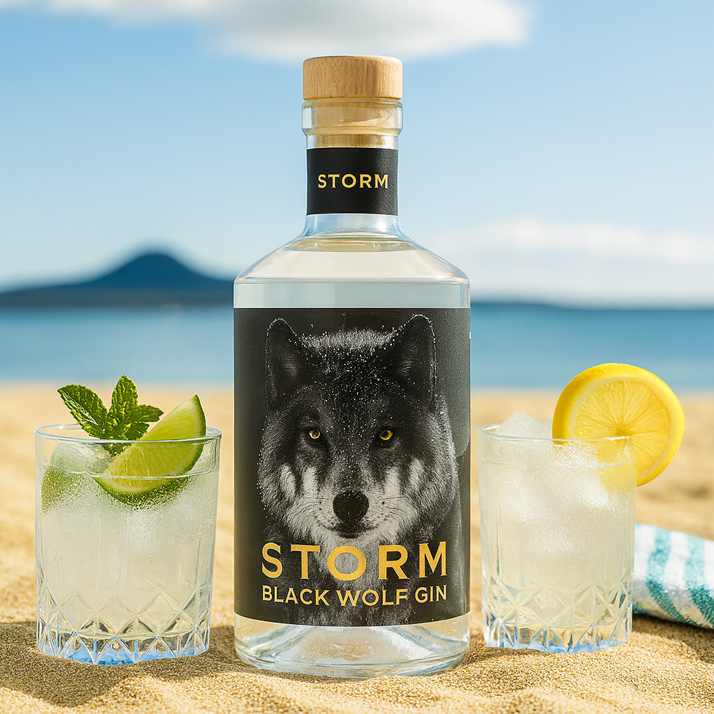 Load image into Gallery viewer, Bottle of Storm Black Wolf Gin with two glasses of cocktails on a beach.