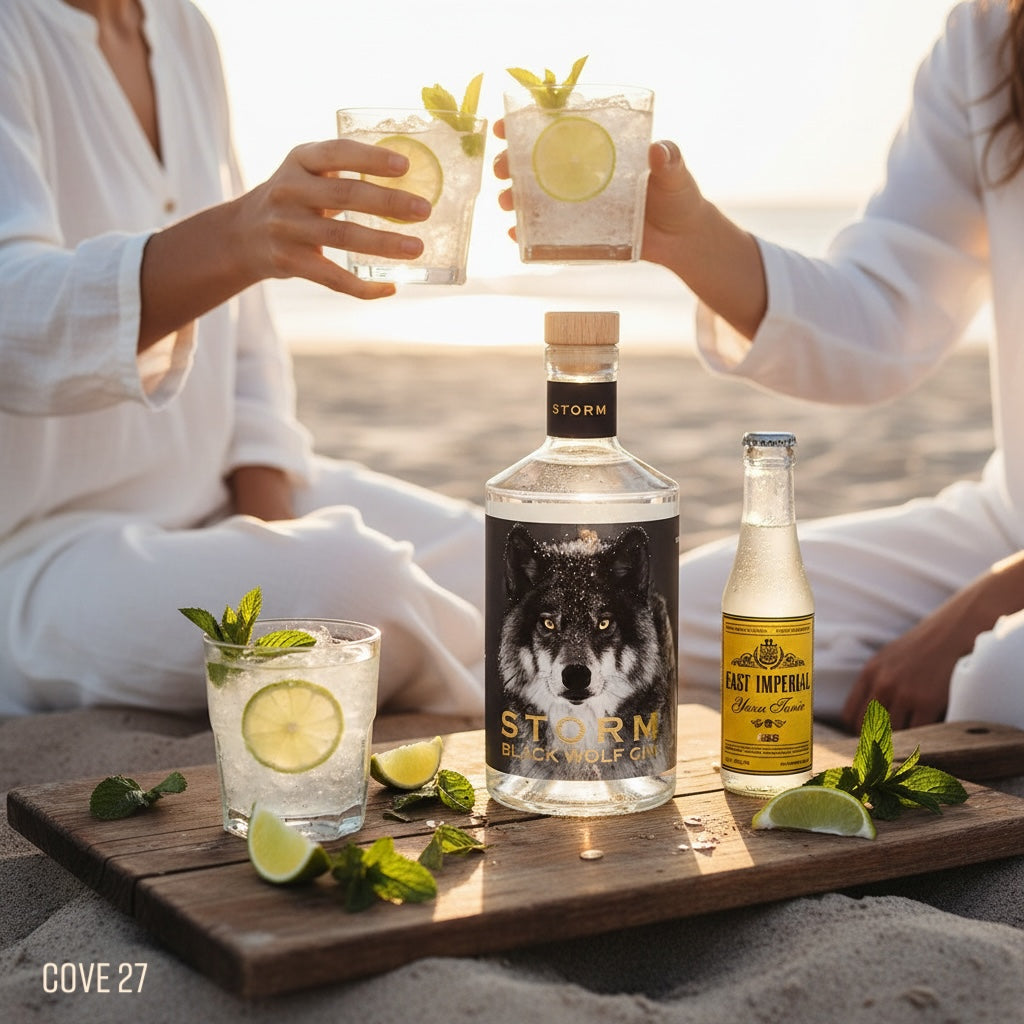 Load image into Gallery viewer, Two people enjoying cocktails with Storm Black Wolf Gin and East Imperial YUZU tonic water on a beach.