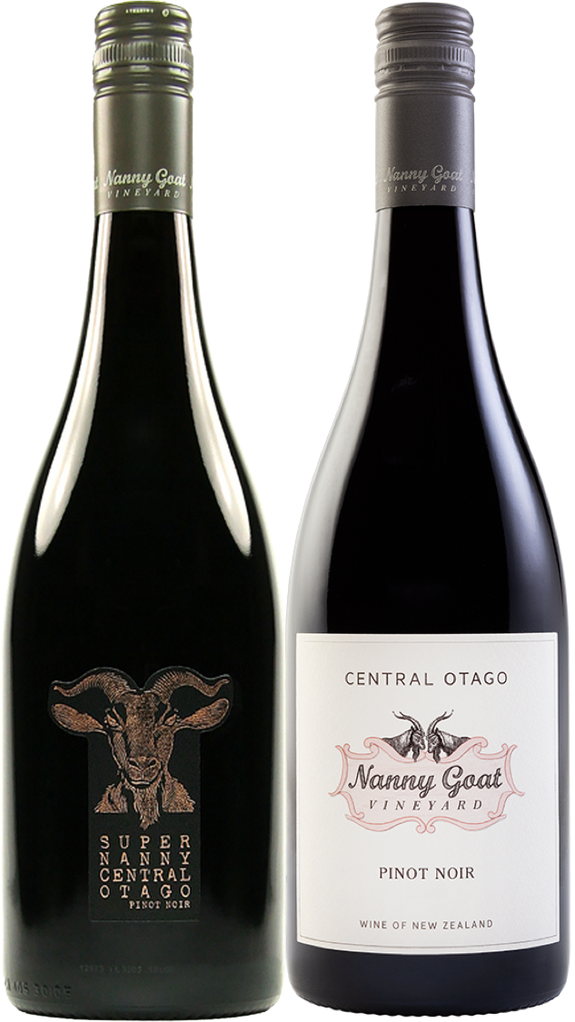 Two bottles of Pinot Noir from the Nanny Goat Vineyard wine on a white background