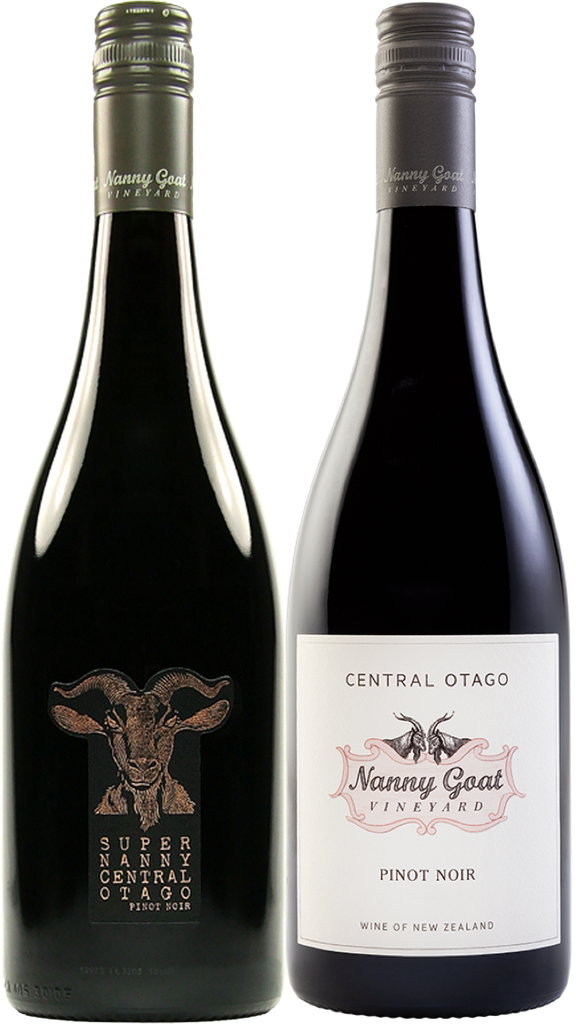 Two bottles of Pinot Noir from the Nanny Goat Vineyard wine on a white background