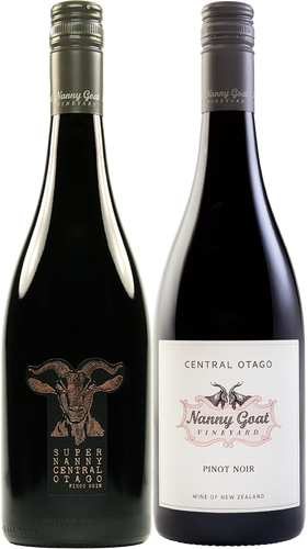 Two bottles of Pinot Noir from the Nanny Goat Vineyard wine on a white background