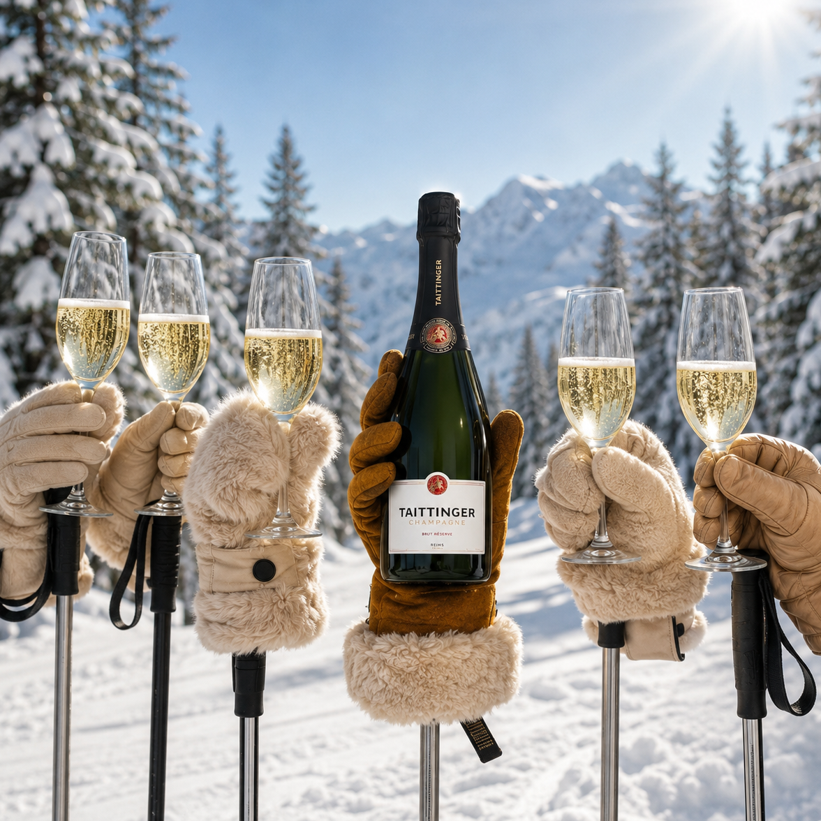 Load image into Gallery viewer, A bottle of Taittinger Brut Champagne held upright in a snowy outdoor scene, surrounded by five gloved hands holding champagne glasses on ski poles, with mountains and pine trees in the background.