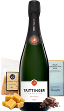 Load image into Gallery viewer, Bottle of Taittinger champagne with milk chocolate and vanilla fudge on a white background