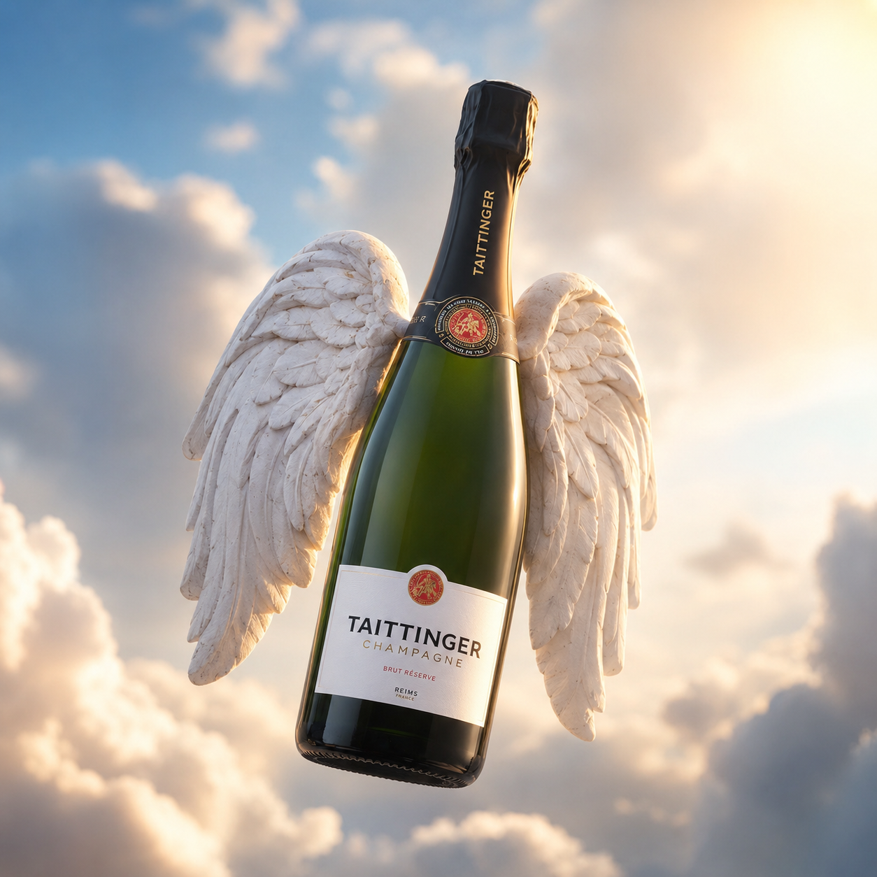 Load image into Gallery viewer, A Taittinger brut Champagne bottle with large white angel wings attached to it, floating against a dramatic sky background with clouds and bright sunlight.