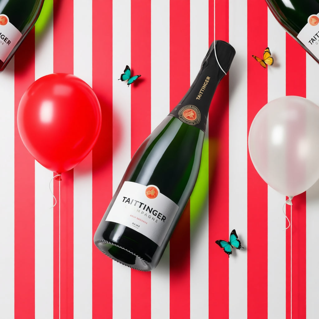 Load image into Gallery viewer, A bottle of Taittinger Brut Champagne lies diagonally on a red and white striped background, surrounded by red and white balloons and small colourful butterflies. Partial views of other champagne bottles appear at the top corners.