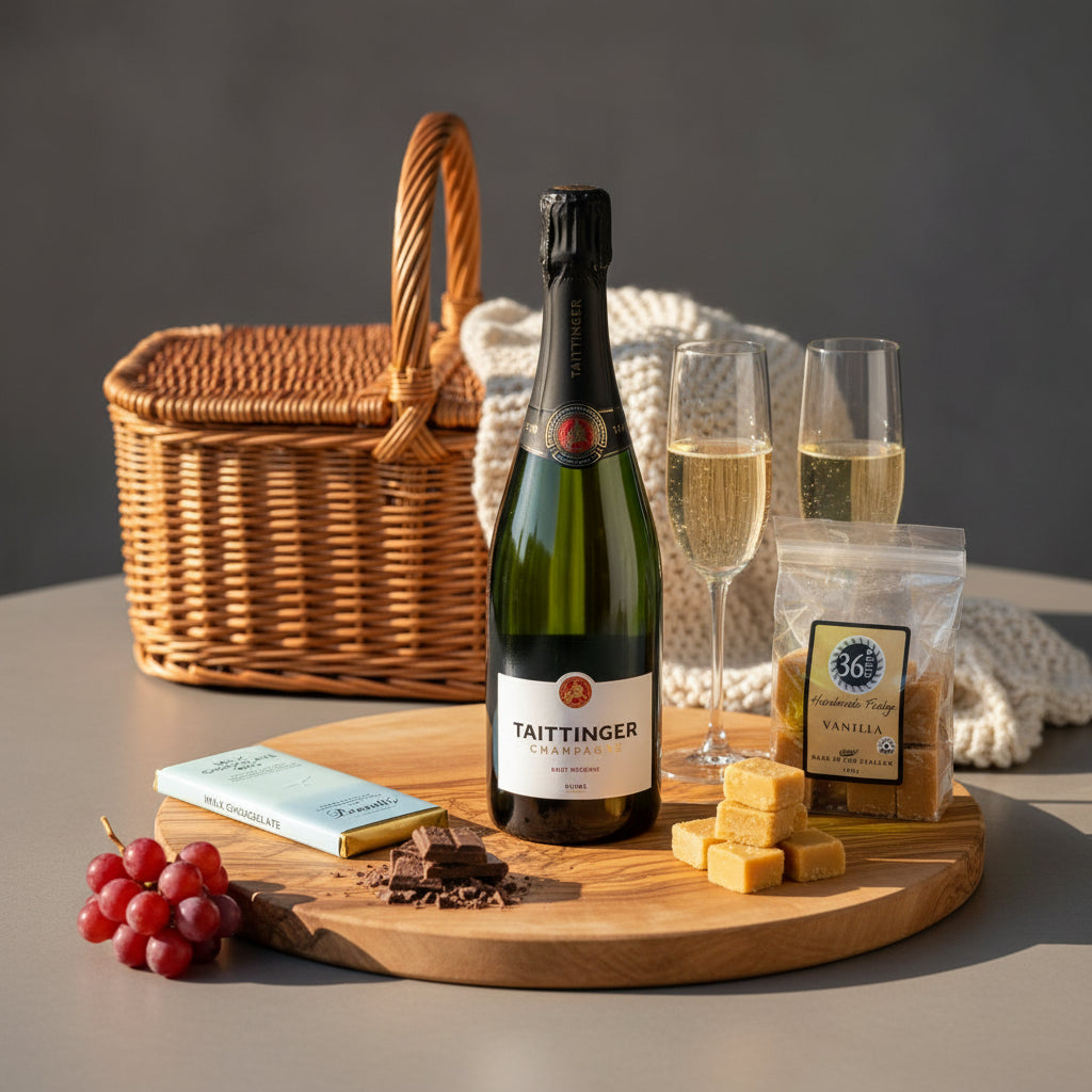Load image into Gallery viewer, Taittinger champagne bottle with glasses, grapes, Bennetts milk chocolate, and 36 Degrees vanilla fudge on a wooden board  