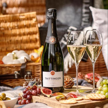 Load image into Gallery viewer, Tattinger champagne bottle with two glasses on a picnic setup
