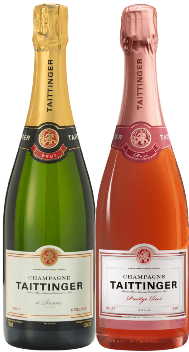Two bottles of Taittinger champagne in a gift box, one with a golden yellow label and the other with a pink label, both indicating different types of Taittinger champagne.